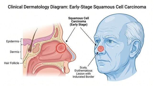 Medical illustration of early-stage squamous cell carcinoma (SCC) on the nose with anatomical labels.