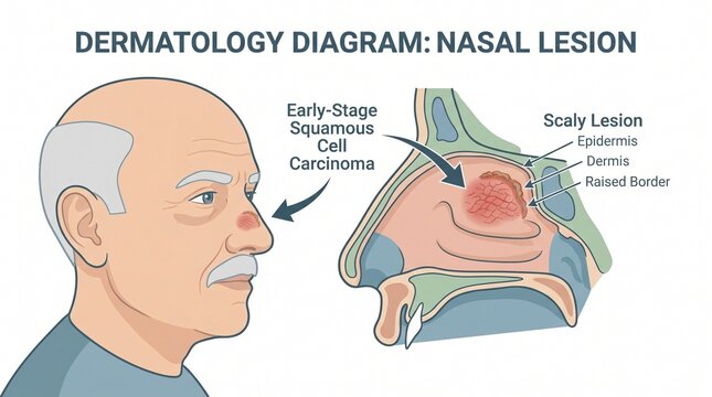 Medical illustration of early-stage squamous cell carcinoma (SCC) on the nose with anatomical labels.