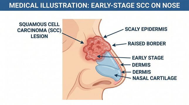 Medical illustration of early-stage squamous cell carcinoma (SCC) on the nose with anatomical labels.