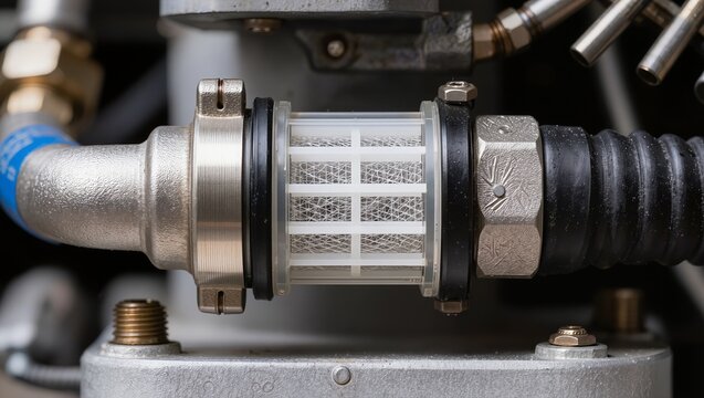 Macro shot of a transparent inline mesh filter on an industrial pipeline. Concept of fluid filtration, hydraulic systems, technical maintenance, and industrial equipment components