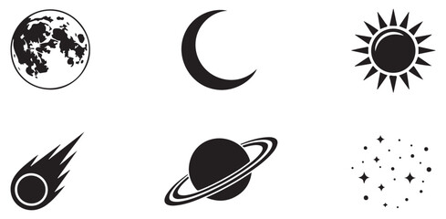 Celestial objects collection including full moon crescent sun comet planet and starry constellations. © MdSamsul