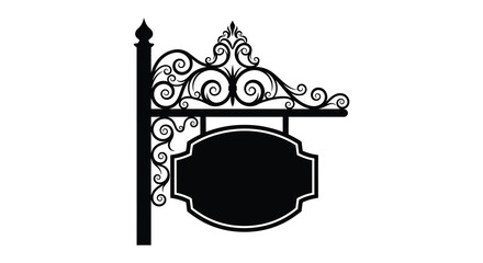 Wrought iron sign post with ornate frame black silhouette on white © msunny93