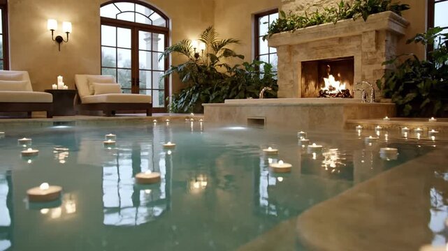 Indoor spa pool with floating candles and fireplace at night