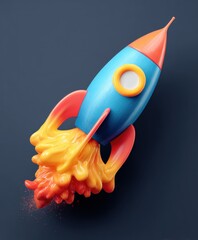 Fototapeta premium Colorful 3D Rocket Ship Launching with Fiery Exhaust Against a Dark Background