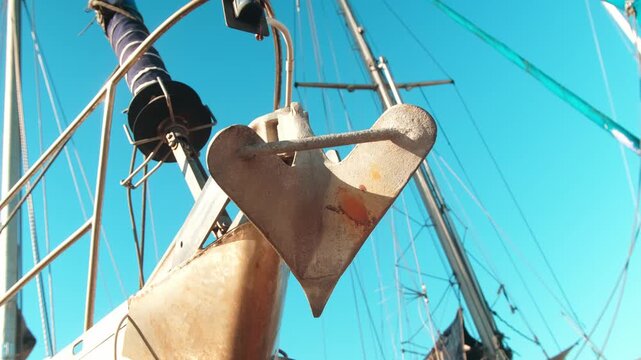 Rusty ship anchor mounted near sailboat rigging under blue sky, showcasing nautical heritage, maritime transport history and coastal harbor atmosphere.