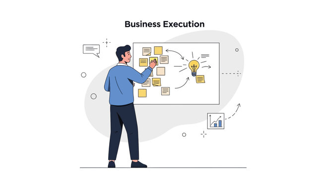 Man Placing Sticky Notes on Whiteboard for Business Execution Plan