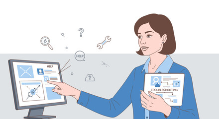 Obraz premium Woman pointing at computer screen with troubleshooting diagram and tablet