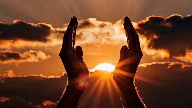 両手が夕焼け太陽を包む静かな空シルエット写真