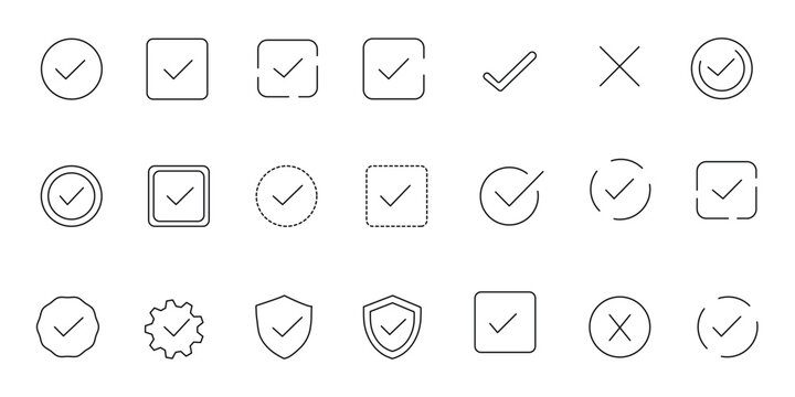  check mark and cross mark icon set.  tick and  x. Symbols of approval and Decline. Check box right and wrong buttons and yes or no checkmark icons 