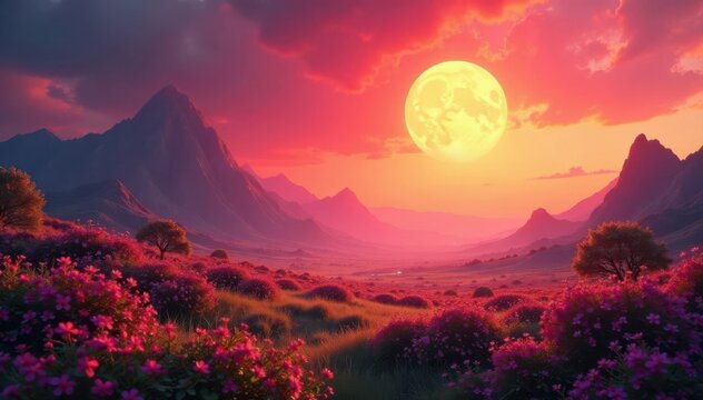 Giant sun descends, casting long shadows, unearthly flora fills plains , giant sun, mystery