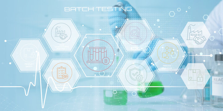 Modern Batch Testing Concept Showcasing Laboratory Processes and Quality Control Icons with Scientific Equipment