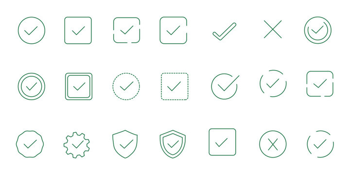  check mark and cross mark icon set.  tick and  x. Symbols of approval and Decline. Check box right and wrong buttons and yes or no checkmark icons 