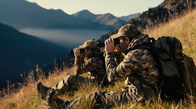 Two hunters in camouflage sit on grassy slope using binoculars, watch distant mountains. Men observe game, wear tactical gear, backpacks for expedition.