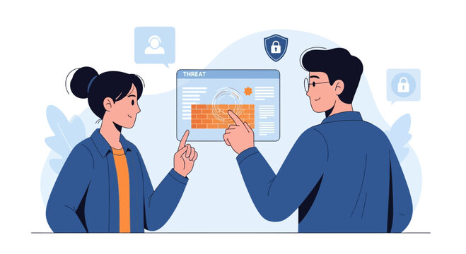 Team analyzing cybersecurity threat, firewall, data protection, network security