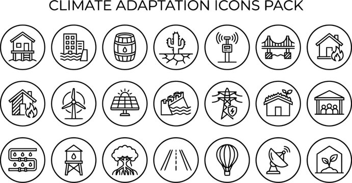 Comprehensive collection of climate adaptation icons featuring environmental solutions and disaster management symbols for professional design projects on transparent background