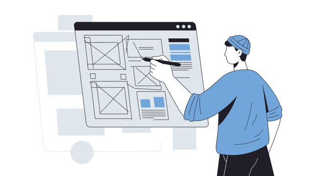 Web designer creating website layout with wireframes on screen