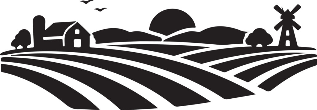 Wide agricultural farmland vector landscape with layered field lines in clean modern style