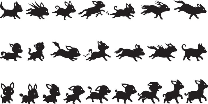 Silhouettes of dogs in various running motions sequence