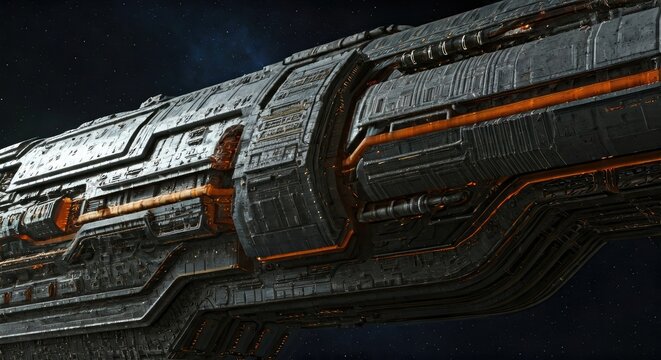 Close-up view of a futuristic, metallic spacecraft.  Dark gray hull with intricate details, orange accents, and exposed engine components