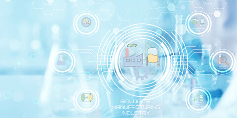 Obraz premium Modern biotechnology and biologics manufacturing industry with futuristic digital network icons and factory symbols