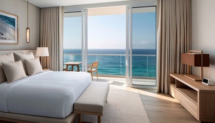 Obraz premium Beautifully appointed hotel bedroom featuring king size bed, elegant decor, and large glass door opening to private balcony overlooking turquoise ocean. High quality photo