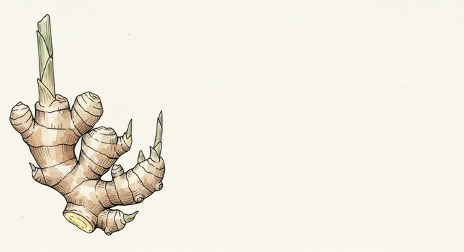 Illustration of ginger root with green shoots on textured off white background perfect for culinary and herbal content