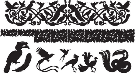 Fototapeta premium Ornate Bird Silhouettes and Decorative Floral Border Collection with Exotic Species