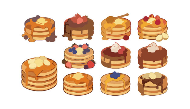 A comprehensive collection of delicious fluffy pancake stack vector illustrations featuring various toppings like maple syrup butter chocolate and fresh berries for breakfast cafe menu designs.