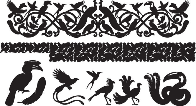 Ornate Bird Silhouettes and Decorative Floral Border Collection with Exotic Species