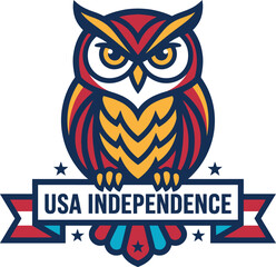 Obraz premium Colorful owl with USA Independence banner and stars on white background