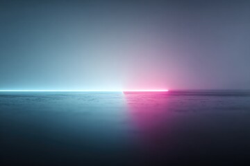 Fototapeta premium Abstract Minimalist Concrete Floor with Vibrant Neon Blue and Pink Light Horizon Glow
