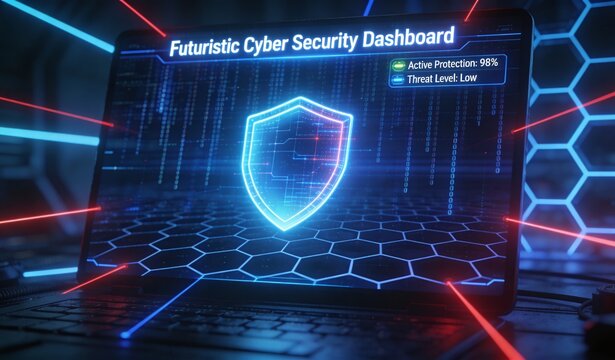 "Futuristic Cyber Security dashboard, glowing digital shield icon in the center, complex binary code stream background, interconnected hexagonal grid, neon blue and red laser accents, cinematic 