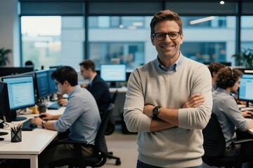 Fototapeta premium Smiling man stands with crossed arms in modern office with team working at computers. Pro leader oversees development team in busy tech workplace. Diverse employees collaborate on software project.