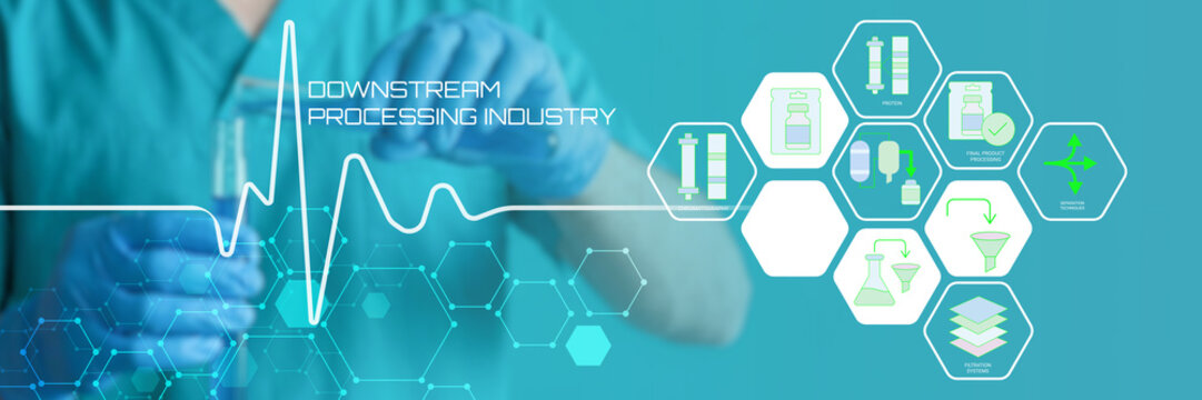 Modern downstream processing industry visualization featuring medical and pharmaceutical icons with a healthcare professional