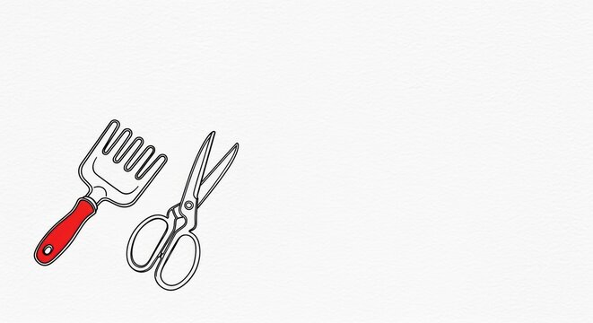 Simple line illustration of kitchen utensils including fork and scissors on white background perfect for cooking and recipe graphics