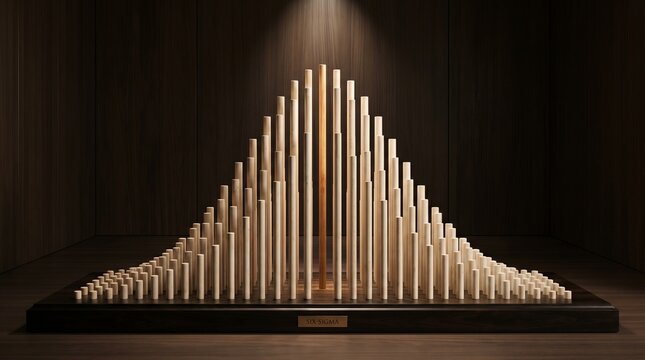 Golden 3D render of a normal distribution bell curve under a spotlight representing data analysis and success concept