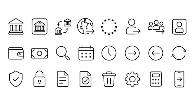 SEPA European Payment Transfer Icons Set - 24 Modern Line Icons Collection for European Banking, Euro Money Transfer, Cross Border Payment and Fintech UI Design