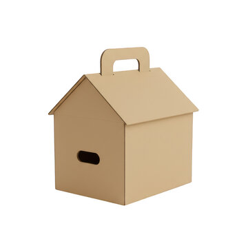 Cardboard house shaped gift box with handle isolated on a transparent background