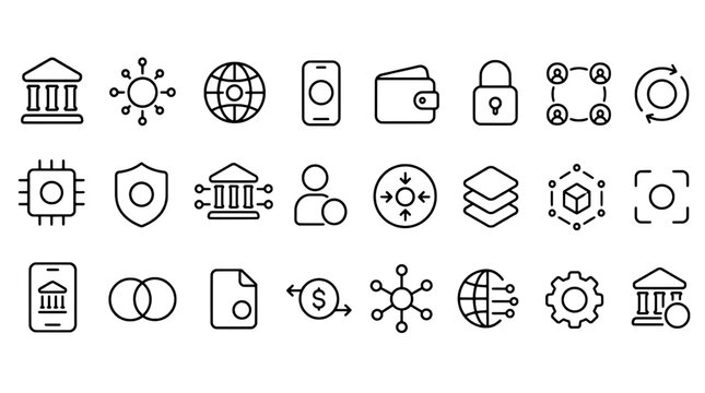 CBDC Central Bank Digital Currency Icons Set - 24 Modern Line Icons Collection for Digital Money, Cryptocurrency, Banking, Fintech and Monetary System UI Design