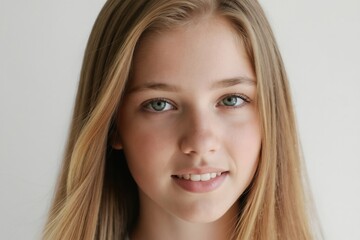 Naklejka premium Blond teen girl with green eyes smiles gently against plain white background. Young female shows happy emotion, natural beauty, and youthful energy. Studio portrait.