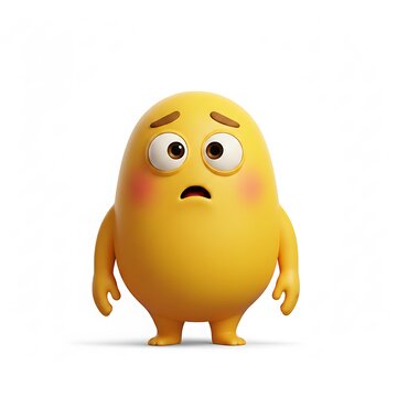 Chubby yellow 3D character with a worried expression, big eyes, and flushed cheeks, conveying anxiety and concern