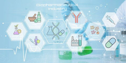 Modern illustration depicting key components and processes within the biopharmaceutical industry...