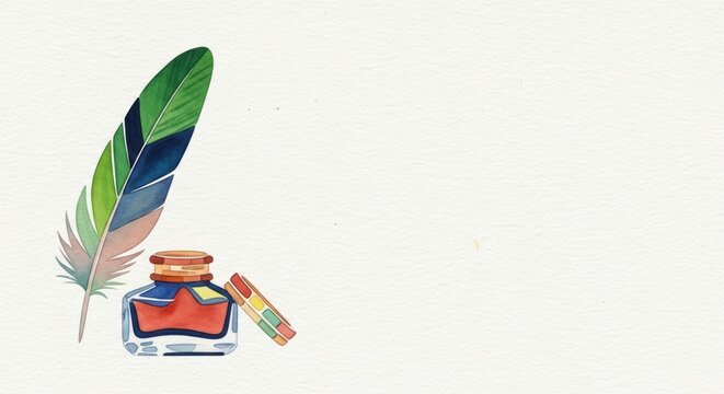 Watercolor illustration of ink bottle with colorful feather and paint palette on white background perfect for creative writing and artistic designs