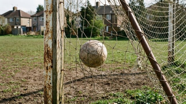 Old soccer ball stuck in a worn net on a neglected grassy field world cup