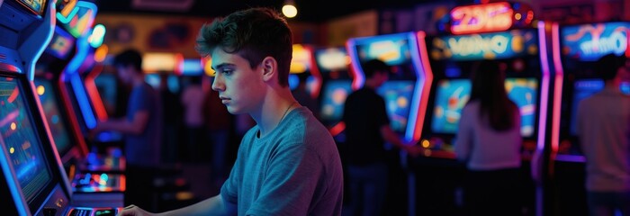 Fototapeta premium Teen boy plays video game in busy arcade. Focused youth enjoys virtual reality machine surrounded by neon lights and players. Entertainment center with many gaming cabinets offers fun.