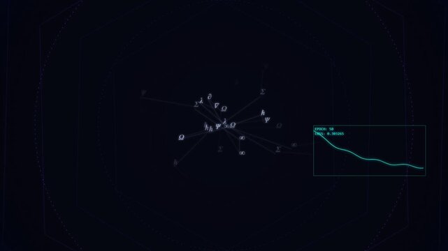 Digital interface displaying machine learning loss function and physics symbols