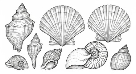 Collection of various seashell illustrations in black and white sketch style. © Alya