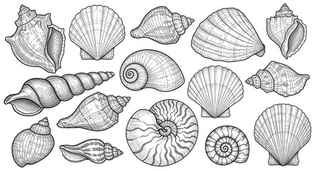 Collection of various seashell illustrations in black and white. © Alya