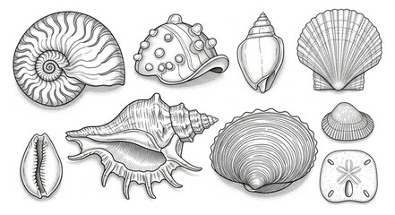 Collection of various seashells and marine life shells drawn in sketch style. © Alya
