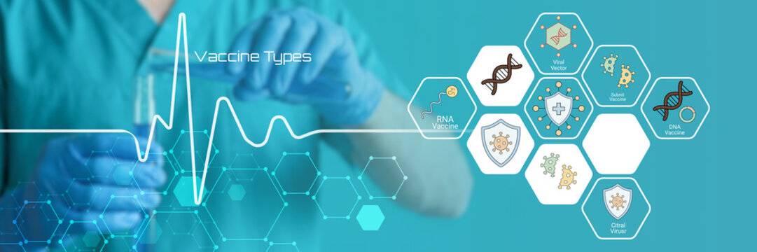 Modern illustration showcasing various types of vaccines and medical research concepts with a healthcare professional and heartbeat line graphic